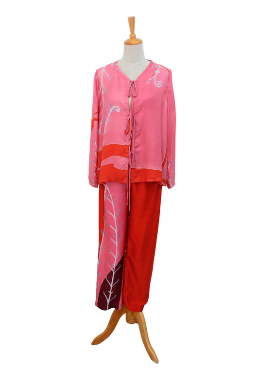 Ribbon Blouse & Batik Pants Ensemble